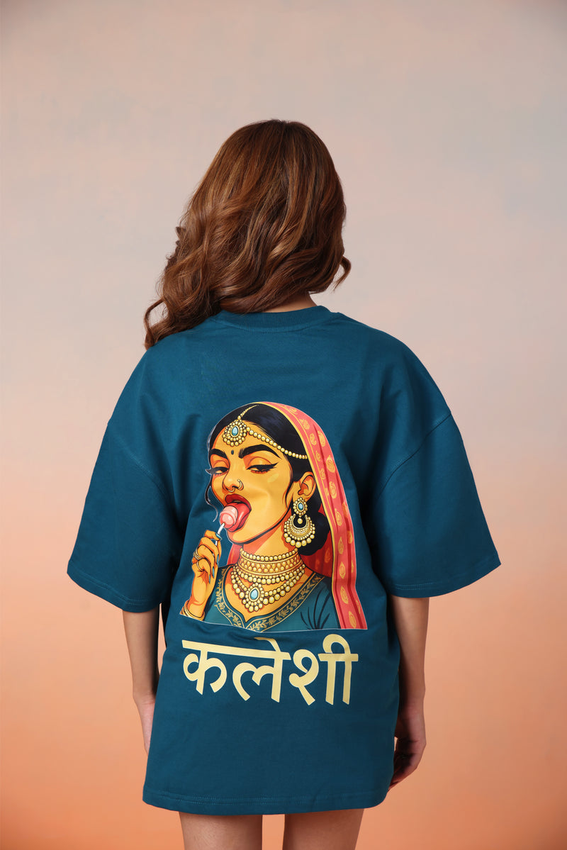 Kaleshi Queen Desi Oversized Graphic Tee in Teal Blue