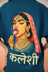 Kaleshi Queen Desi Oversized Graphic Tee in Teal Blue