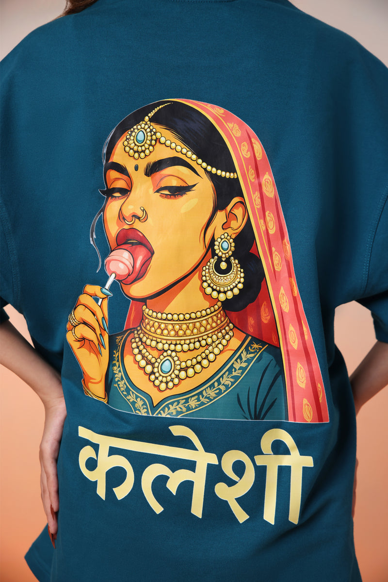 Kaleshi Queen Desi Oversized Graphic Tee in Teal Blue