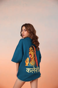 Kaleshi Queen Desi Oversized Graphic Tee in Teal Blue
