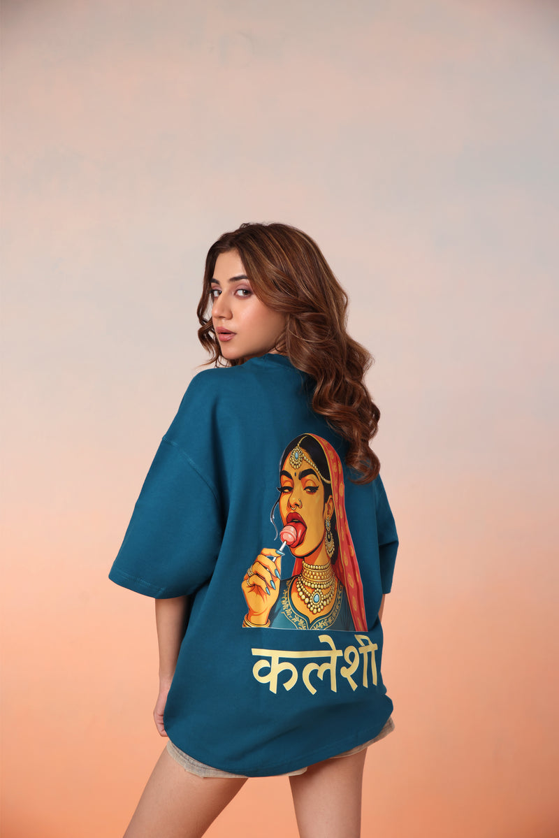 Kaleshi Queen Desi Oversized Graphic Tee in Teal Blue