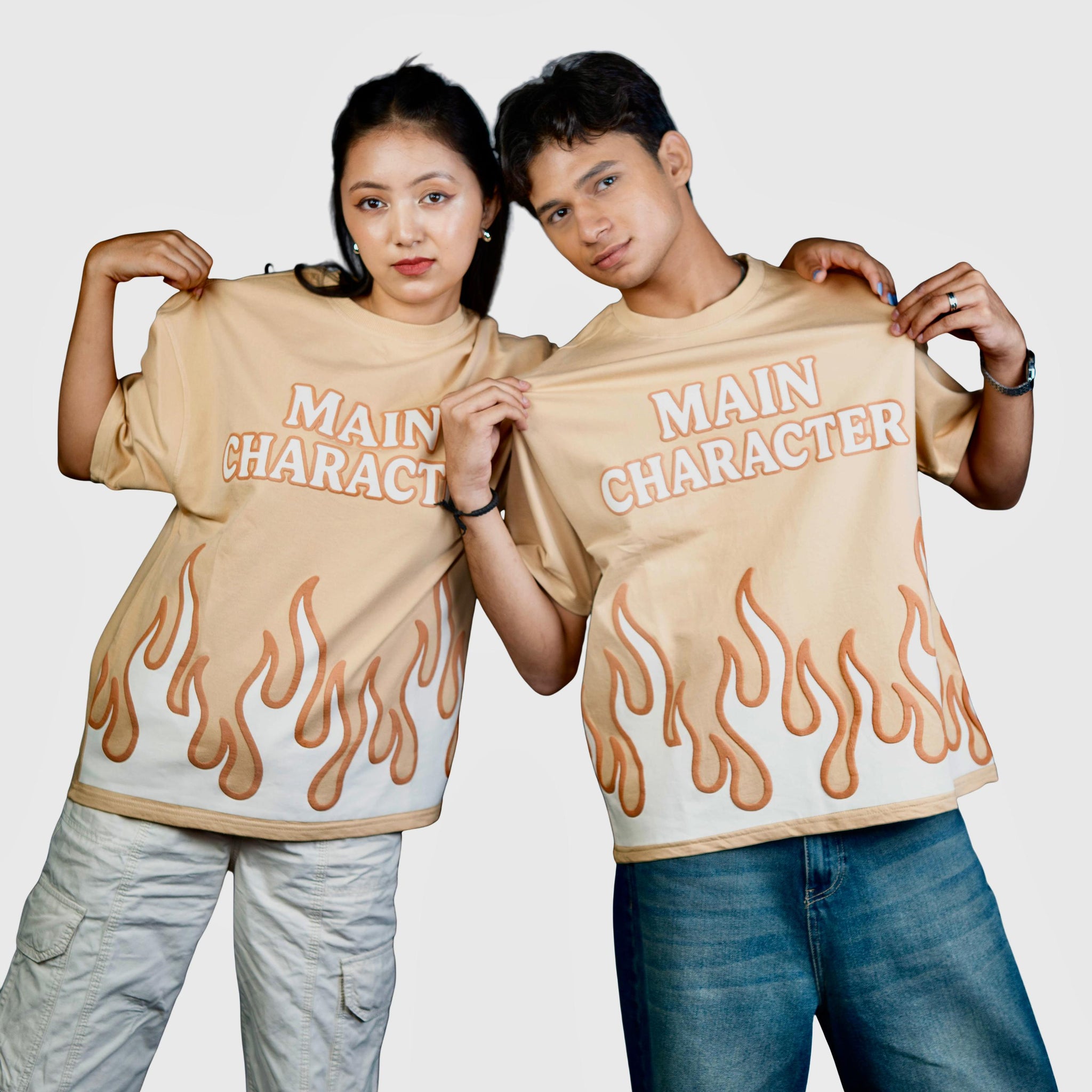 Main Character Energy “ Beige Oversized Flame Tee