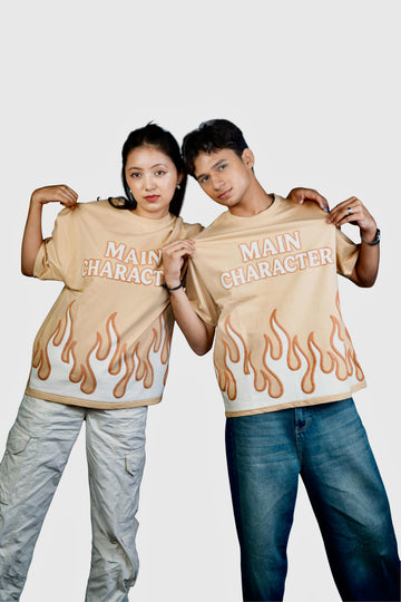 Main Character Energy “ Beige Oversized Flame Tee